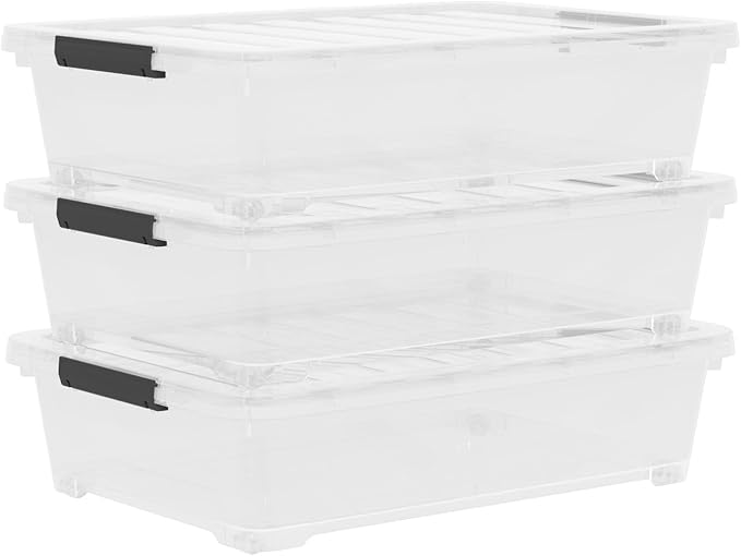 Waikhomes 4 Packs Under Bed Storage Containers with Clear Lid, Large Stackable Plastic Latching Bins with Rolling Wheels, 40 Quart