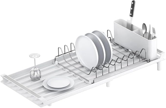 YOJIA Stainless Steel Dish Drying Rack, Extendable Dish Drainer Rack, Drainboard, Detachable Cup Shelf, Rustproof Multifunctional Organizer for Kitchen Counter, Cup Holders, Utensil Holder (10-White)