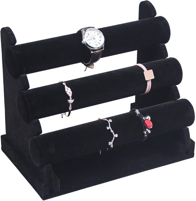 Coward 3 Tier Bracelet Organizer Display Holder, Beige Velvet Stand Rack for Hairband Watch Scrunchie Organizer (Black Velvet)