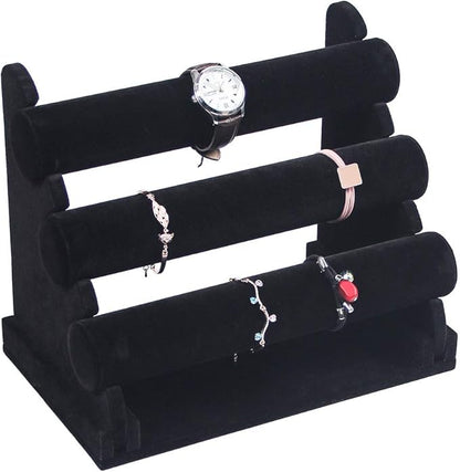Coward 3 Tier Bracelet Organizer Display Holder, Beige Velvet Stand Rack for Hairband Watch Scrunchie Organizer (Black Velvet)