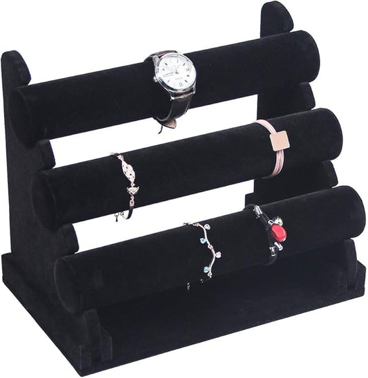 Coward 3 Tier Bracelet Organizer Display Holder, Beige Velvet Stand Rack for Hairband Watch Scrunchie Organizer (Black Velvet)