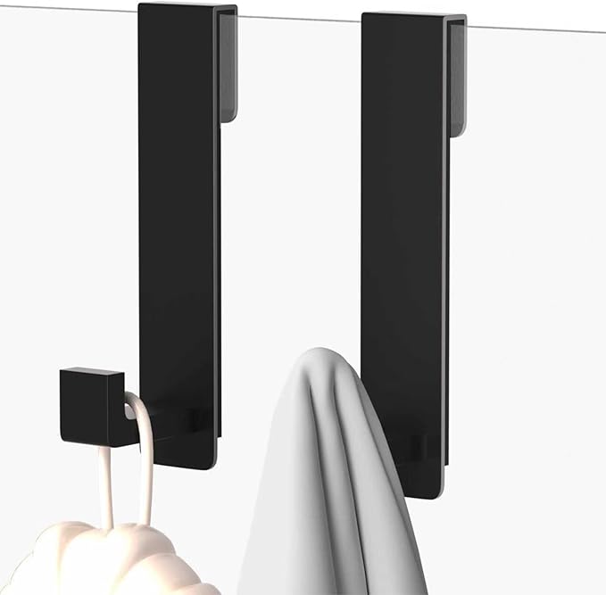 HUFEEOH 2-Pack Shower Towel Hooks, Stainless Steel 7.5-Inch Extended Over Door Hooks for Frameless Glass Shower Door, Heavy Duty Towel Rack for Bathroom, Holds Robes & Towels, Black