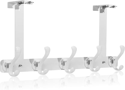 persevere Over The Door Hooks with Auto-Locking Design, Rustproof Multi-Functional Coat Rack, Bathroom Towel Holder, Space-Saving Door Hanging Organizer with 5 Hooks for Clothes and Towels (White)