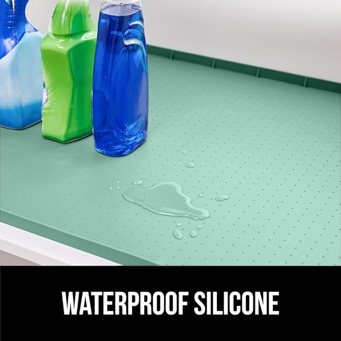 GORILLA GRIP Waterproof Silicone Under Sink Mat with Raised Lip for Kitchen and Bathroom, Cabinet Shelf Liner Stay in Place Mats Dishwasher Safe Drawer Liner, Organizer Tray, 19 x 34 in, Mint