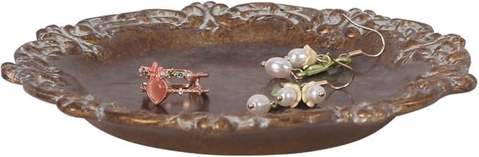 S-MANTIS Vintage Tray Small Antique Trinket Dish, Round, Ring Holder with Twisted Flower Surrounding, Cosmetics Makeup Storage Organizer, Gift, Aesthetic Room Decor (Bronze-Flower)