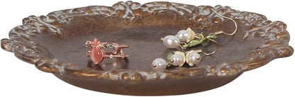 S-MANTIS Vintage Tray Small Antique Trinket Dish, Round, Ring Holder with Twisted Flower Surrounding, Cosmetics Makeup Storage Organizer, Gift, Aesthetic Room Decor (Bronze-Flower)