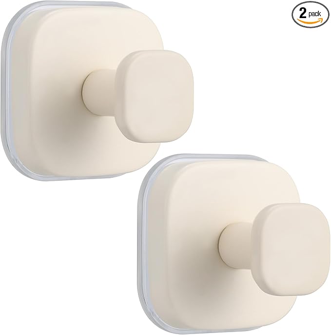 Fenas No-Drill Reusable Suction Cup Hooks, Towel, Robe, Loofah, Coat Hook for Glass, Mirror, Tile, Shower, Bathroom, Kitchen & Metal (Smooth, Non-Porous Surfaces) (2, Milk White)