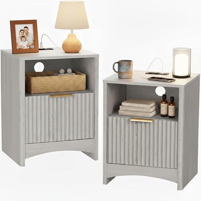 Pipishell Nightstands Set of 2 with Charging Station, Fluted Bedside Table with Storage & Drawer, Modern End Tables with USB & AC Outlets, Small Wood Night Stand for Bedroom, Light Gray