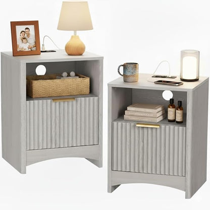 Pipishell Nightstands Set of 2 with Charging Station, Fluted Bedside Table with Storage & Drawer, Modern End Tables with USB & AC Outlets, Small Wood Night Stand for Bedroom, Light Gray