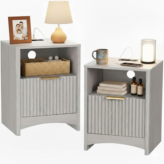Pipishell Nightstands Set of 2 with Charging Station, Fluted Bedside Table with Storage & Drawer, Modern End Tables with USB & AC Outlets, Small Wood Night Stand for Bedroom, Light Gray