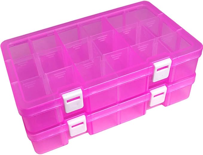 DUOFIRE Plastic Organizer Container Storage Box Adjustable Divider Removable Grid Compartment for Jewelry Beads Earring Tool Fishing Hook Small Accessories(18 grids, Pink X 2)