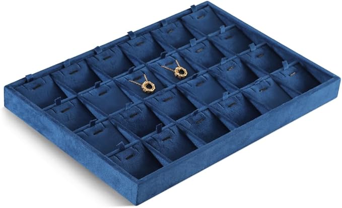 Dansmiy Velvet Necklace Display Tray, Stackable 24 Grid Insert Pendant Necklaces Storage Holder Plate, Jewelry Retail Countertop Organizer (Blue)