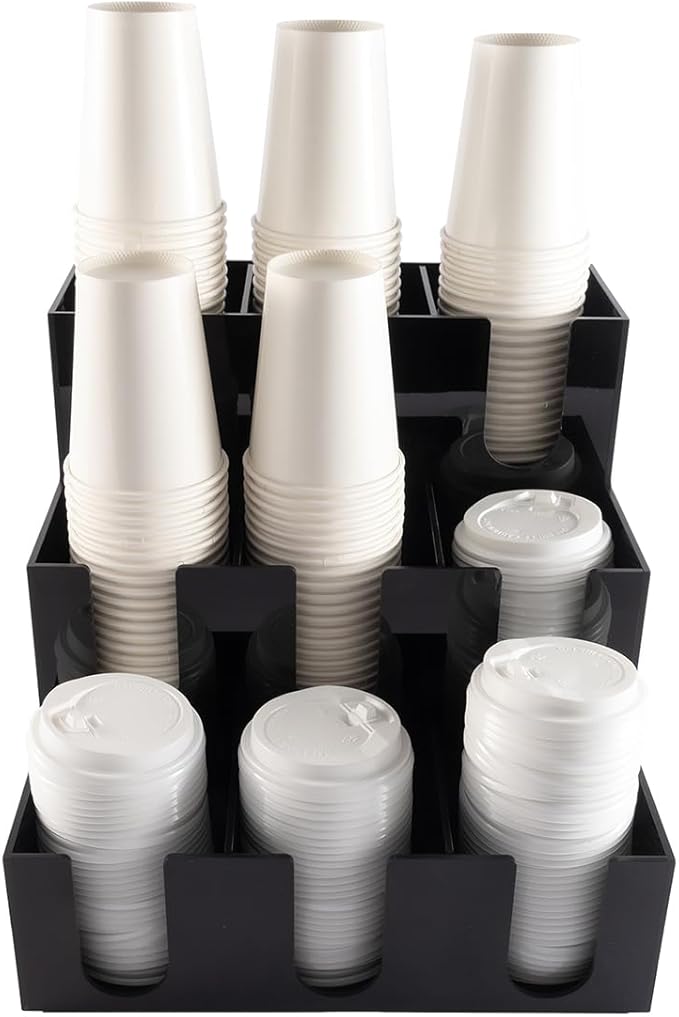 CiaoHER Acylic Coffee Cup and Lid Dispenser with 9 Compartments, Counter Top for Coffee Station to Organize Disposable Cups, for Home or Office Use (Black)