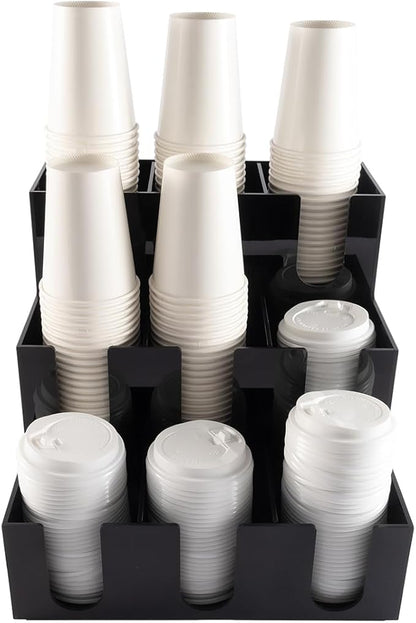 CiaoHER Acylic Coffee Cup and Lid Dispenser with 9 Compartments, Counter Top for Coffee Station to Organize Disposable Cups, for Home or Office Use (Black)