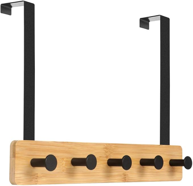JSVER Wooden Over The Door Hooks 5 Hooks Door Hanger, Sturdy Heavy Duty Coat Rack for Bag, Coat, Towel, Hat, Robes, Scarves, Bedroom, Closet, Bathroom