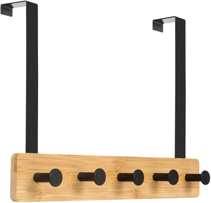 JSVER Wooden Over The Door Hooks 5 Hooks Door Hanger, Sturdy Heavy Duty Coat Rack for Bag, Coat, Towel, Hat, Robes, Scarves, Bedroom, Closet, Bathroom