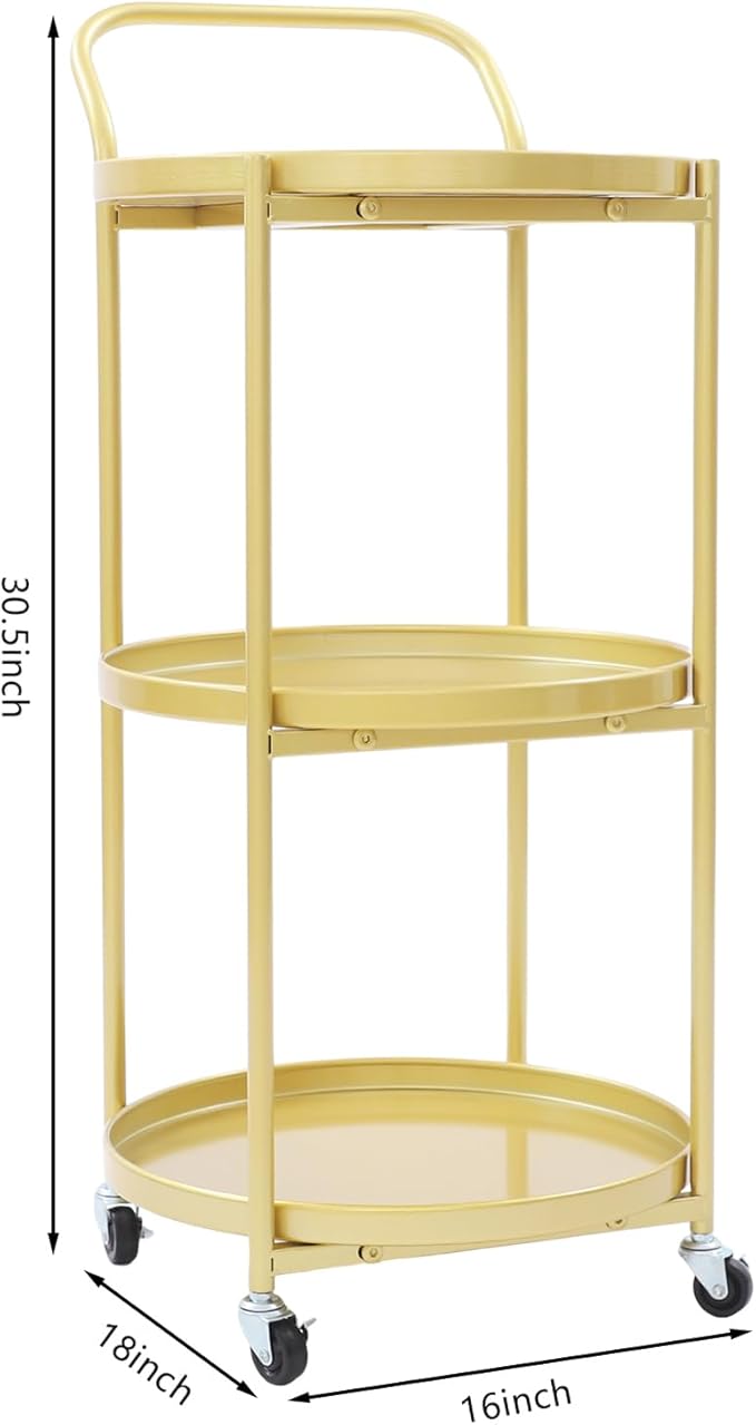 Round 3-Tier Rolling Bar Cart with Locking Wheels, Metal Serving Cart with Handle, 18" x 16" Mobile Organizer for Dining Room, Living Room, Bar (Gold)