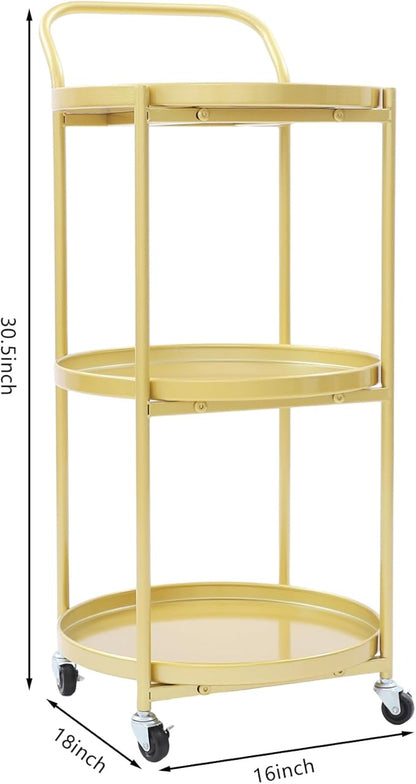 Round 3-Tier Rolling Bar Cart with Locking Wheels, Metal Serving Cart with Handle, 18" x 16" Mobile Organizer for Dining Room, Living Room, Bar (Gold)