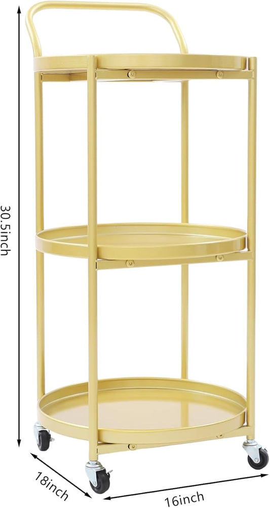Round 3-Tier Rolling Bar Cart with Locking Wheels, Metal Serving Cart with Handle, 18" x 16" Mobile Organizer for Dining Room, Living Room, Bar (Gold)