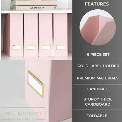 BLU MONACO | Cardboard Magazine File Holder Set of 6 Pink | Vertical Magazine File Holder with Gold Label Slots | Standing File Holder and Cardboard Bins for Shelves Desk Storage