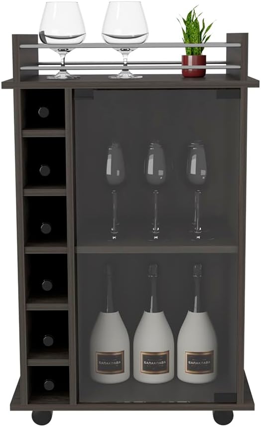 Mobile Bar Cart with Glass Door Cabinet, 6 Wine Bottle Storage Cubbies, Carbon Espresso Finish, 35" H x 21.6" W Bar Serving Cart with Wheels (Espresso)