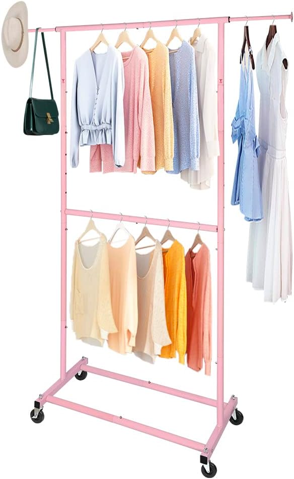 Pink Simple Standard Double Rod Rolling Clothing Garment Rack for Hanging Clothes, Metal Clothes Organizer with Lockable Wheels Mobile for Women, Girls and Kids, Portable Freestanding