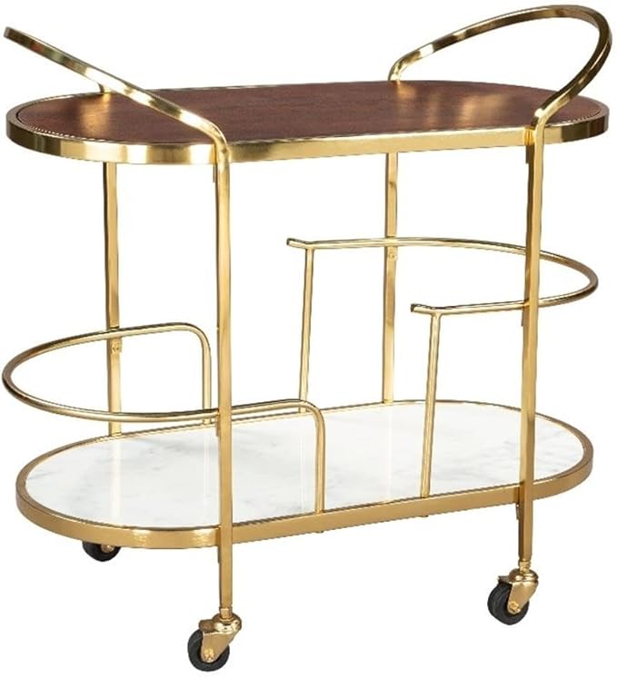 Pemberly Row Wood and Natural Marble Top Oval Bar Cart in Multi-Color