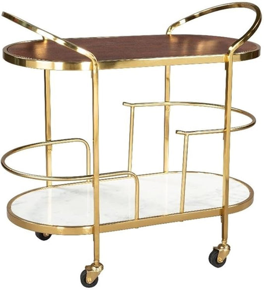Pemberly Row Wood and Natural Marble Top Oval Bar Cart in Multi-Color