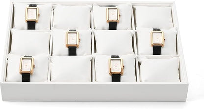 Leather Watch Tray 12 Grids Watch Holder Organizer Storage Tray For Men Women(White)