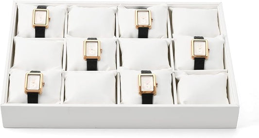 Leather Watch Tray 12 Grids Watch Holder Organizer Storage Tray For Men Women(White)