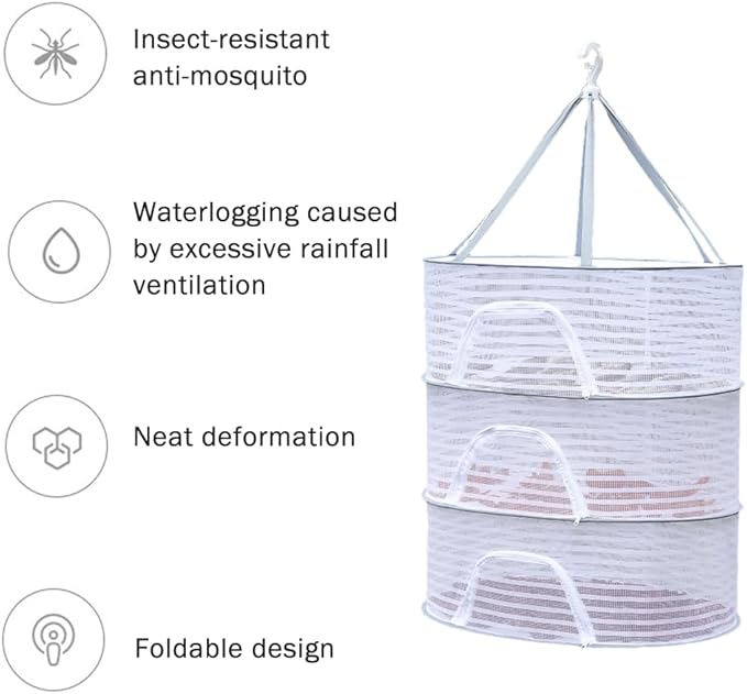 Herb Drying Rack, 3 Layer Foldable Hanging Mesh Net with Zipper, Outdoor Drying Rack Mesh Dryer for Drying Herb Vegs Fruits Bud Plants(Size:M)