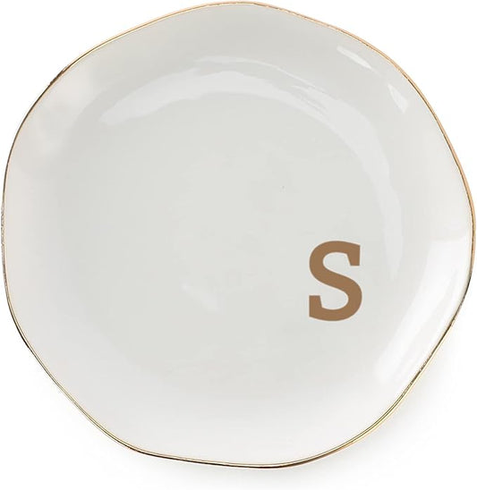 VINCOMIC Initials Ring Dish Jewery Tray with Personalized S-Monogrammed Gifts Wedding Engagement for Women Friends Sister,Ceramic White