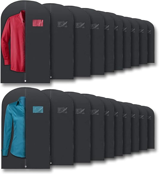 Plixio Garment Bags Suit Bag for Travel and Clothing Storage of Dresses, Dress Shirts, Coats— Includes Zipper and Transparent Window (Black - 20 pack: 40")