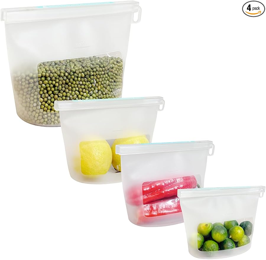 Reusable Silicone Food Storage Bags 4 Pack with 1 Snack, 2 Sandwich and 1 Half Gallon Bags, Multi-Use & Sous Vide Stand-Up Pouches for Soup and Leftovers, Microwave, Dishwasher and Freezer Safe
