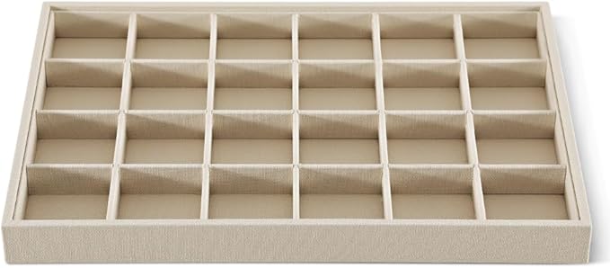 Dansmiy Linen 24 Grid Stackable Rings Earrings Display Tray, Brooch Ear Stud Cufflinks StorageTray, Jeweler Shop Counter Showcase Table Top Organizers, Makeup Table Drawer Insert Jewelry Tray