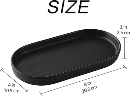 Eyrozia Matte Black Round Soap Dispenser Tray - 8'' Ceramic Vanity Tray for Bathroom Decorative, Jewelry Ring Dish, Comestic Holder, Kitchen Sink Countertop Organizer Plate