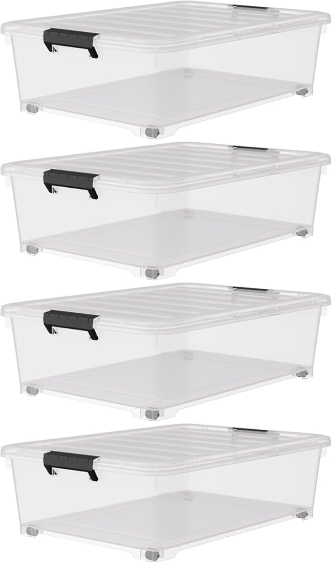 Uumitty 25 Quart Under Bed Clear Latch Bin with Wheel, Plastic Under Bed Storage Box, 4 Pack