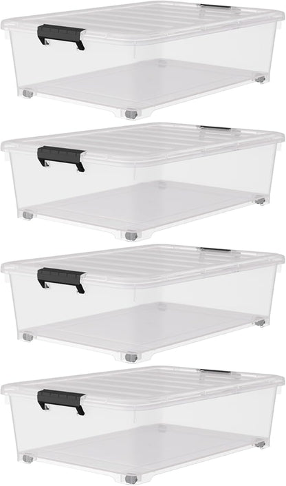 Uumitty 25 Quart Under Bed Clear Latch Bin with Wheel, Plastic Under Bed Storage Box, 4 Pack