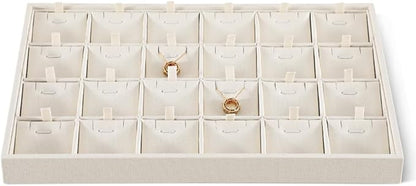 Dansmiy Linen Stackable Necklace Storage Tray, 24 Grid Pendant Display Tray, Jewellery Shop Counter Showcase Table Top Organizers, Makeup Table Drawer Insert Jewelry Tray