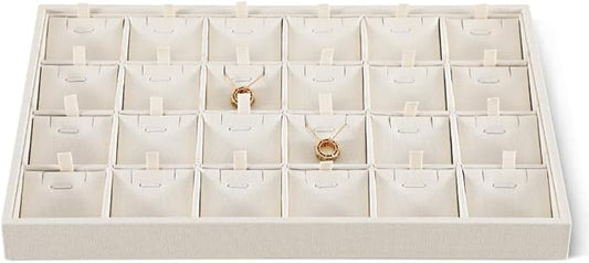 Dansmiy Linen Stackable Necklace Storage Tray, 24 Grid Pendant Display Tray, Jewellery Shop Counter Showcase Table Top Organizers, Makeup Table Drawer Insert Jewelry Tray