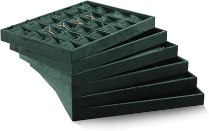Velvet Jewelry Display Tray For Bracelet Pendant Necklace, Multi-Slot Stackable Storage Tray For Long Chain Jewelries, Drawer Insert Jewelry Organizer (Green)
