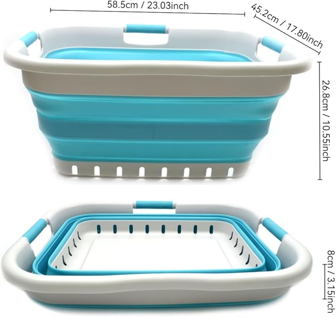 SAMMART 41L (10.8 gallon) Set of 2 Collapsible 3 Handled Plastic Laundry Basket-Foldable Pop Up Storage Container/Organizer-Space Saving Hamper/Basket (2, Grey/Bright Blue)