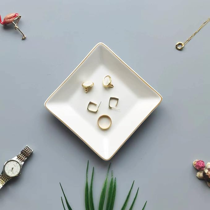 HANKOR Ceramic Jewelry Dish Tray, Decorative Trinket Tray Holder for Ring Earring Key, Gift for Women Girls, 4.7inch, White