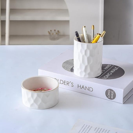 Aesthetic Desk Organizer Set of 2 For Office, Ceramic Pen Holder and Paper Clip Holder Dispenser, Cute Pencil Cup Pot for Desk, Desktop Accessories, Office Decor for women men Ideal Gifts (White Set)