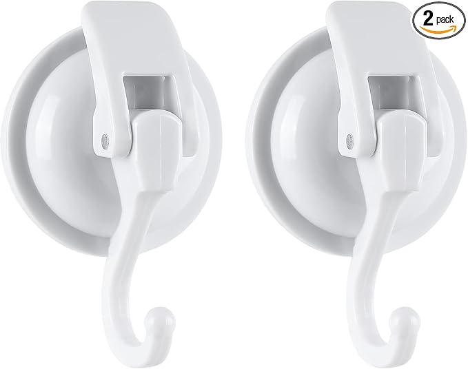 YSSILADI Heavy Duty Shower Suction Cup Hooks - Glass and Bathroom Robe Hangers, Reusable, No Hole Punch - White, 2 Pack