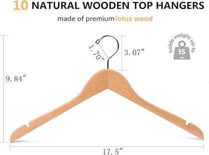 Amber Home 10 Pack Natural Wooden Shirt Hangers, Premiun Wood Coat Hangers Without bar, Clothes Hangers for Jacket, Bridal (Natural, 10)