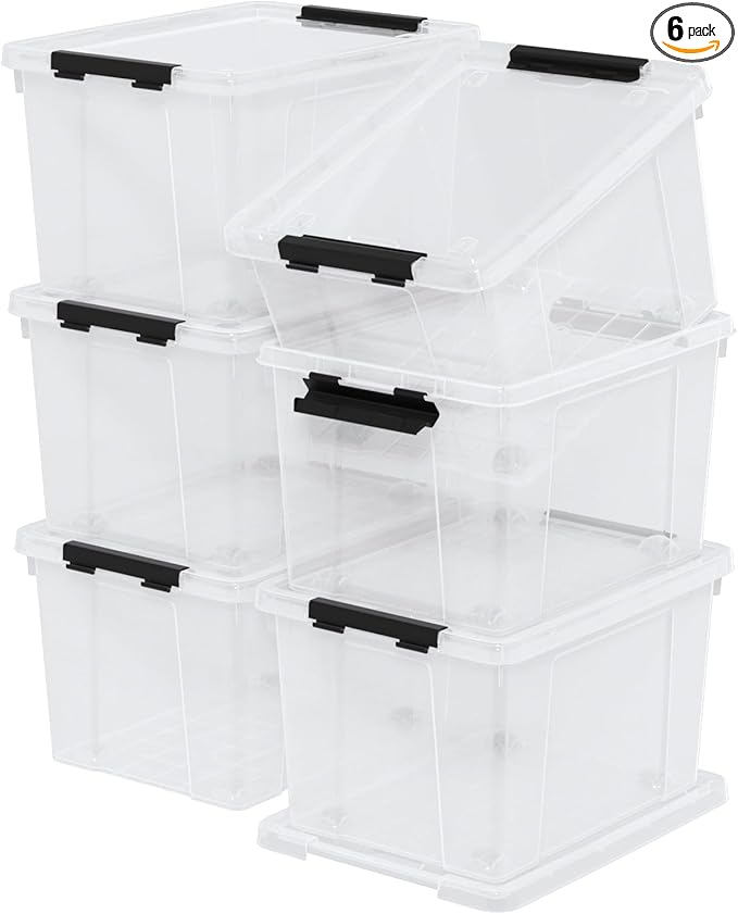 Tyminin 6-Pack Storage Box, 22 Quart Stackable Plastic Bins with Snap-On Lids, Clear