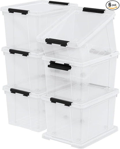 Tyminin 6-Pack Storage Box, 22 Quart Stackable Plastic Bins with Snap-On Lids, Clear