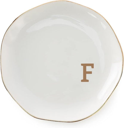 VINCOMIC Initials Ring Dish Jewery Tray with Personalized F-Monogrammed Gifts Wedding Engagement for Women Friends Sister,Ceramic White
