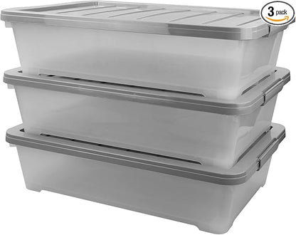 Teyyvn 3-Pack Clear Plastic Under Bed Storage Boxes, 40 Quart Under Bed Latching Box with Wheels